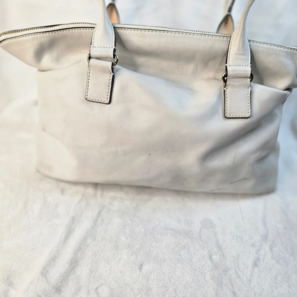 vintage Kate Spade NY White Leather Tote Bag Turn Lock Pocket Striped Lining